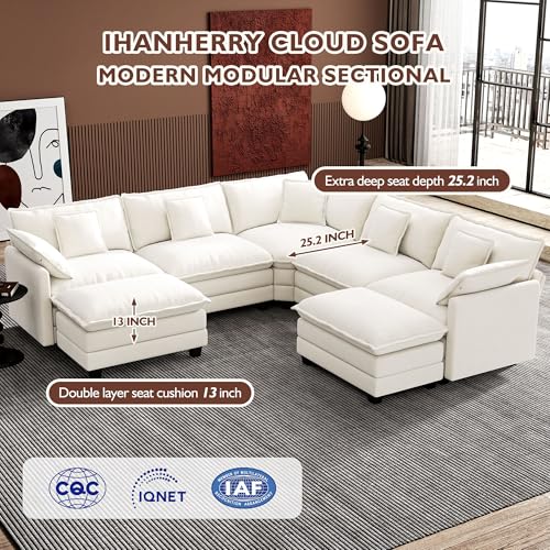 Image of Ihanherry 114 inch V-Shaped Modern Sofa Modular Sectional Cloud Couch with 2 Ottoman, 7-Seat Chenille Deep Seat Sofa with Corner Section for Living Room, Bedroom and Apartment, Beige