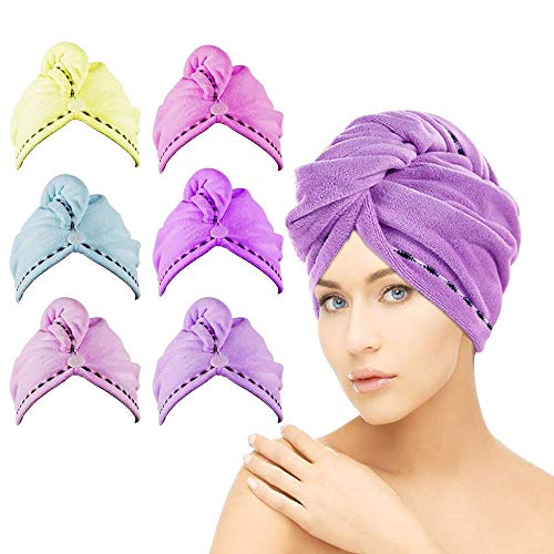 6 Pack Microfiber Hair Towel Wrap, Aniann Super Absorbent Turban Twist Hair Towel Wraps Quick Drying Hair Cap with Buttons for Long & Curly Hair, Anti-Frizz (6 Colors)