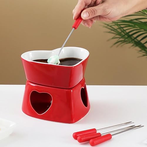 Miniatura 4 de Sizikato Juego de fondue de chocolate de porcelana roja en forma de corazón, 10 onzas