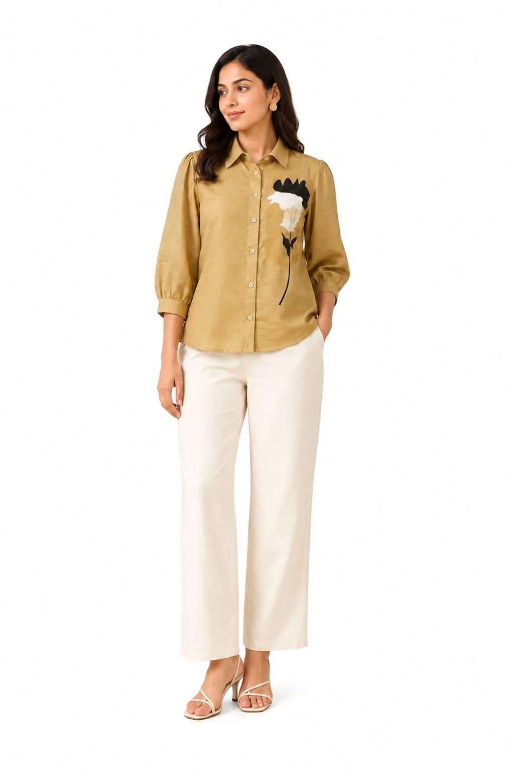 Highlander Women's Shirt Top, Cotton, Embroidered Collar, Regular Fit, Long Sleeve, Solid with Embroidery, Casual Style, Adult in neutral