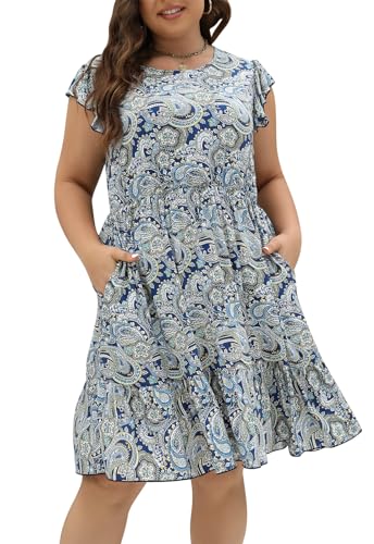 Image of Keluummi Plus Size Midi Dress for Curvy Women Wedding Guest Summer Floral Empire Waist Short Sleeve with Pockets