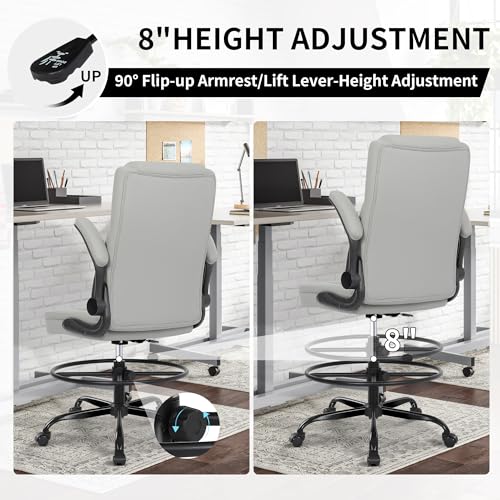 Image of Misolant Drafting Chair, Tall Office Chair for Standing Desk, Standing Chair with Adjustable Height and Flip-up Armrest, Leather Drafting Chair, High Office Chair for Counter Height Desk