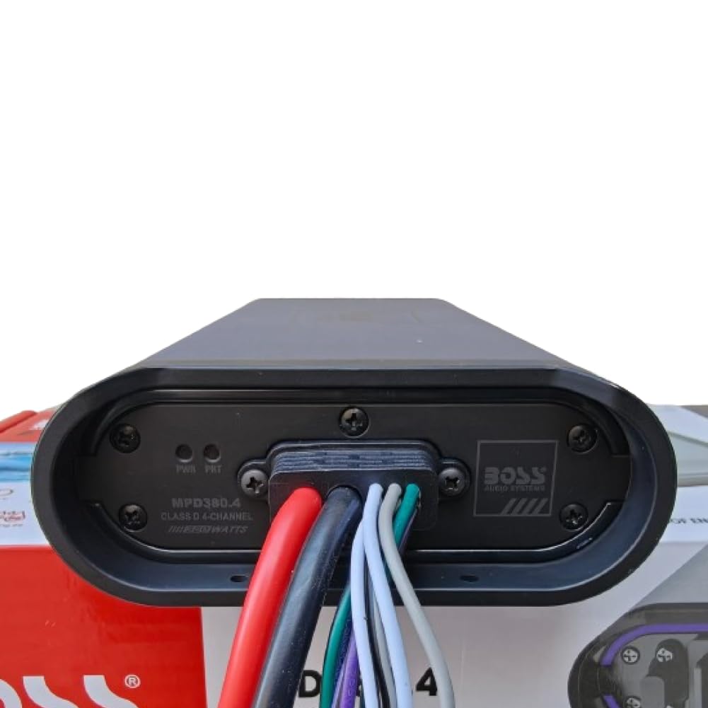 Kit Set POUR Boss Audio Systems MPD380.4, 1 Amplificador Marino, 4 Canales, 380 vatios máx., Full-Range, Clase D, con Bass Boost + Cables de instalación