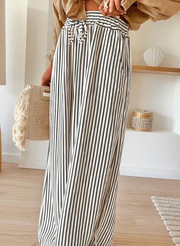 Image of Acelitt Women Casual Drawstring Elastic Waist Striped Wide Leg Pants with Pockets, S-XXL