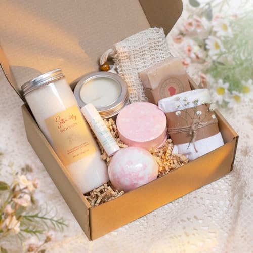 Natural Spa Gift Set for Her, Self Care Package for Women Spa Gift Basket, Wellness Spa Box, Bath and Body - Because you're worth it! (Medium, Strawberries and Cream)