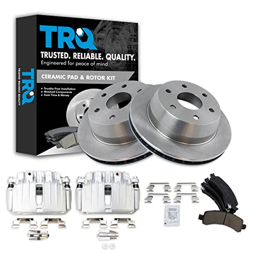 Image of TRQ Rear Brake Pad, Caliper, & Rotor Kit Ceramic Vented Compatible with 2002 Cadillac Escalade Chevrolet Avalanche 1500 Suburban 1500 Tahoe GMC Yukon Yukon XL 1500