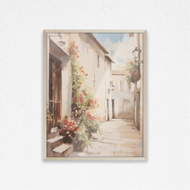Art Decor French Countryside Style Alleyway Fine Art with Beige Flowers Framed Wall Art Traditional Design Art for Living Room Bedroom Office Home Decoration Gifting 45x60cm