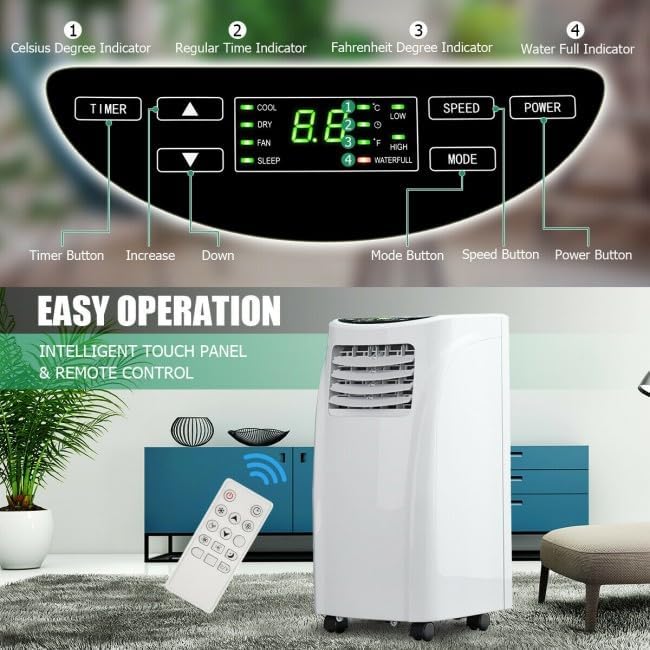 8000BTU Portable Air Conditioner – Cool Dehumidify Circulate Air 2-Speed Sleep Mode Washable Filter LED Remote Control Timer