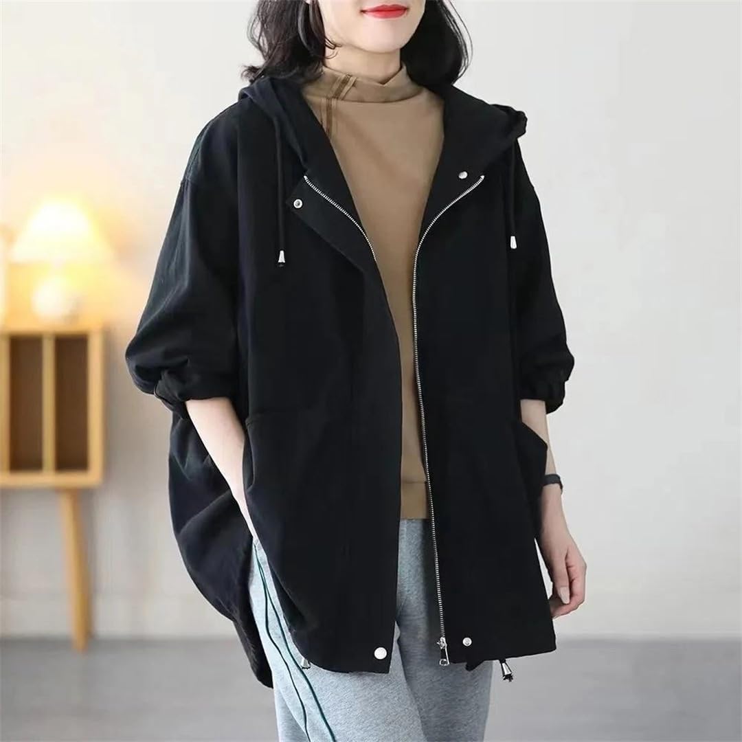 Women's Hooded Long Sleeves Trench Coat Autumn Loose Lined Casual Versatileouterwear Jacket