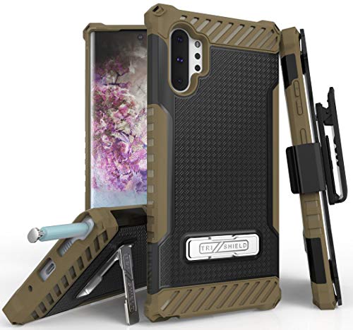 Case with Clip for Galaxy Note 10 Plus, Brown Tri-Shield [Military Grade] Rugged Cover with Metal Kickstand [includes Wrist Strap Lanyard + Belt Hip Holster] for Samsung Galaxy Note 10+ Phone