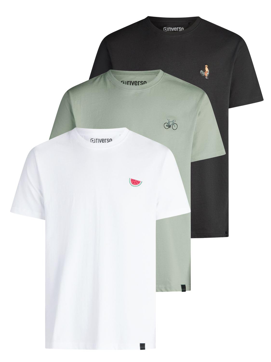 riverso Tshirt Herren Regular Fit RIVJay 3er Set Pack Besticktes T-Shirt Rundhals Kurzarm Sommer Tee Shirt Stick Schwarz Grau Weiß Grün S M L XL XXL 3XL 4XL 5XL