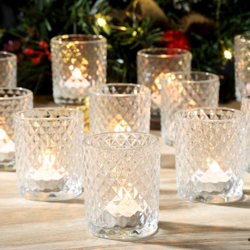 Ligtmor Confezione da 12 portacandele trasparenti per lumini, portacandele in vetro con motivo a rombi in rilievo,romantiche vintage,decorazioni in stile bohémien