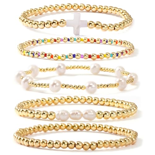 Gold Beaded Bracelets for Women, Boho Stretch Gold Seed Beads Pearl 5PCS 14K Gold Ball Bracelet Stack Christian Cross Jewelry Set Stackable Trendy Summer Friendship Birthday Gift
