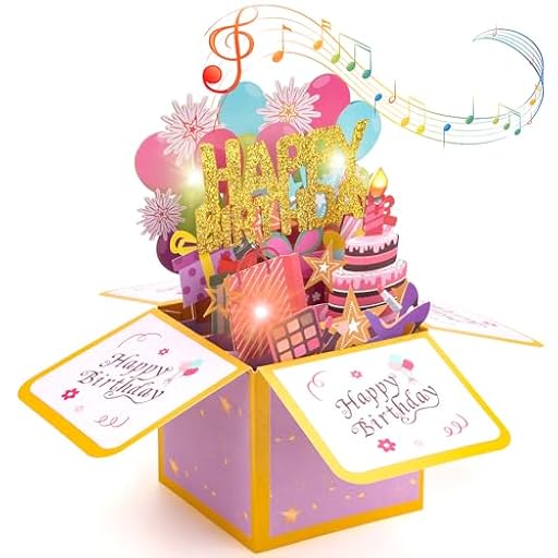 MOWETOO - Tarjeta de cumpleaños con música, luces LED y velas soplables, caja de regalo emergente 3D, regalo de cumpleaños para mujeres, hombres y niños | Ya disponible en tu tienda friki favorita! En mundofriki.es!