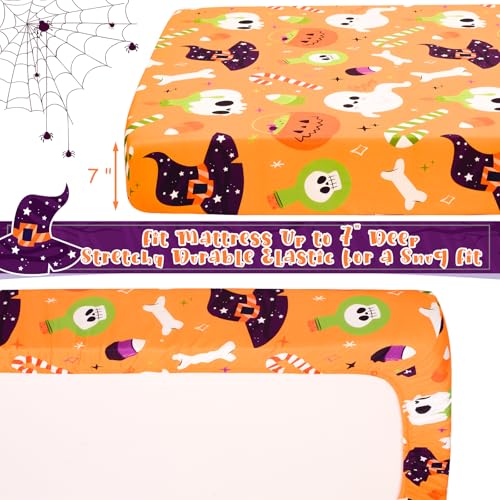 Image of UOMNY Halloween Pumpkin Crib Sheet for Boys Girls Halloween Fitted Crib Sheets for Standard Crib 52 X 28 Inch Toddler Crib Mattresses Sheet, Purple Hat