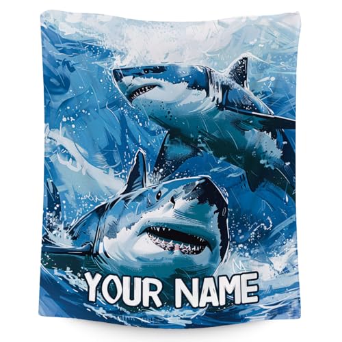 Custom Shark Blanket with Name - 60x80 Inches Cute Throw Blanket for Boys - Blue Soft Fuzzy Blankets for Bed, Couch & Living Room