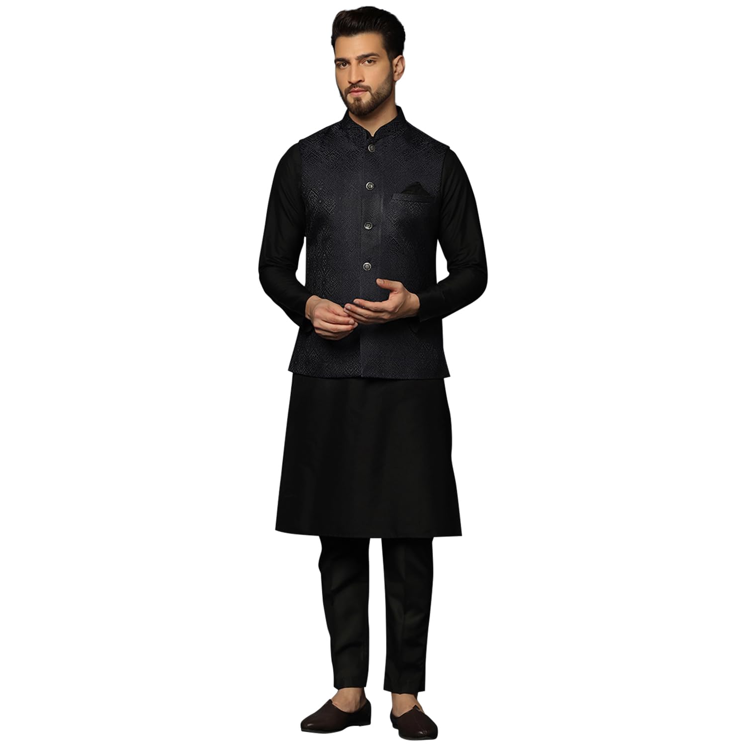 Kisah Men's Navy Blue And Black Kurta Jacket Trousers Set Cotton Blend, Woven Design, Full Sleeves, Mandarin Collar Ethnic Wear, 40