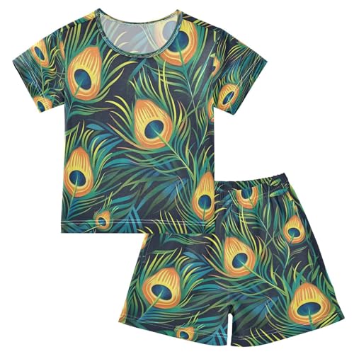 senya Short Sleeve Pajamas Sets Summer Cotton Sleepwear Peacock Feathers