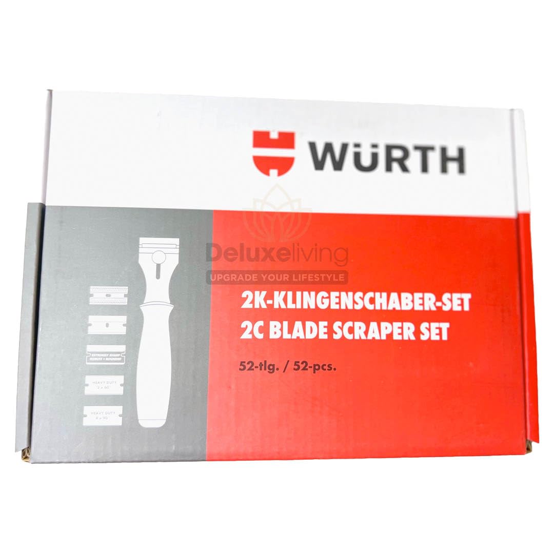 Würth 2K Klingenschaber Set 52-teilig zum Entfernen von Etiketten, Aufklebern, Kleberresten auf Glas Kochfelder Fensterschaber 0714663380