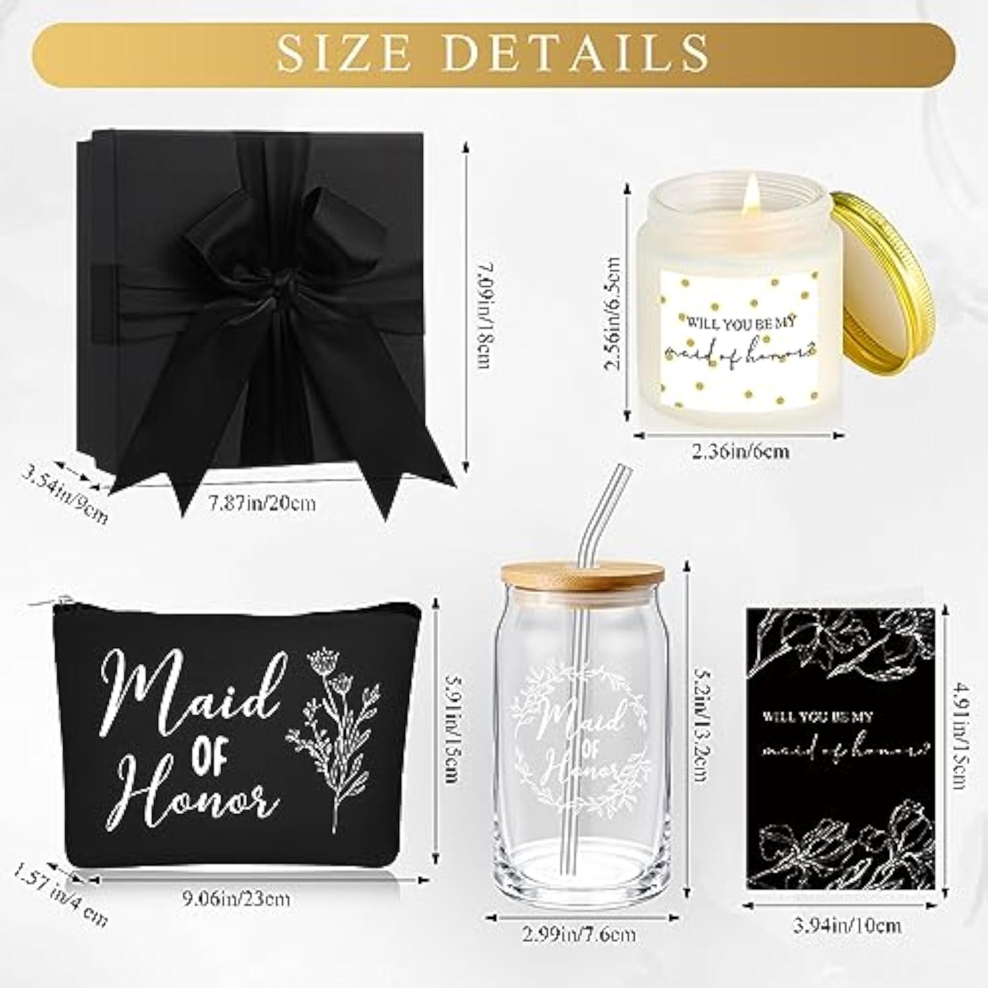 Bridesmaid Gift Box Set of 5 with Glass Cup, Candle & Makeup Bag