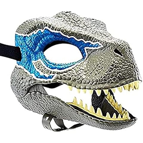 Frobukio Dino Mask Moving Jaw, Realistic Tyrannosaurus Rex Raptor Mask, Blue Dinosaur World Toys Animal Latex Full Head for Carnival Dress Up Masquerade Cosplay Party (Blue, One Size) Cover
