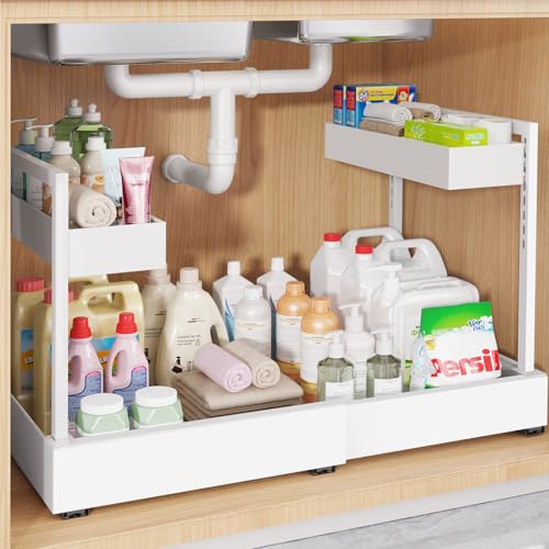 Expandable Under Sink Organizer with 3 Ball-Bearing Slide Rails ,...