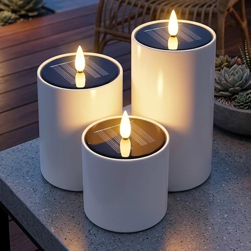 Spetebo Solar LED Stumpenkerzen mit Flammen Effekt 3er Set - 12 5-7 5 cm - Künstliche Kerze warm weiß für Außen mit Flackereffekt - Garten Tisch Deko Beleuchtung Outdoor Solarkerze flackernd