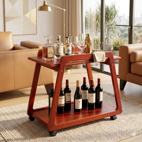 Image of Premium Solid Wood Multipurpose Kitchen Trolley & Serving Cart with Wheels | Portable Side Table for Living Room & Office | Stylish Wooden Furniture with Smooth Rolling Casters-Walnut
