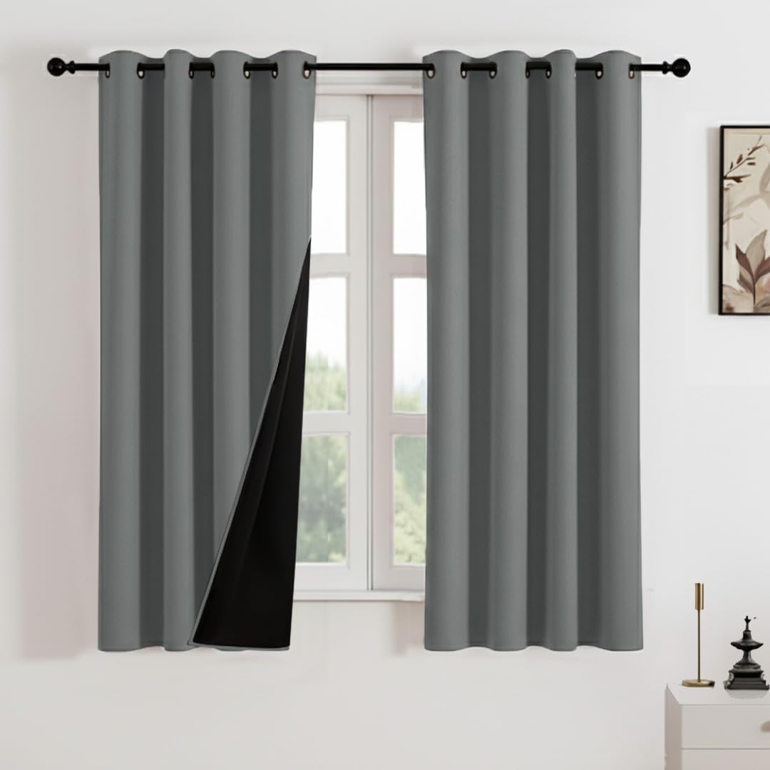 HOMEMONDE 100% True Blackout Curtains 5 Feet Set of 6 - Faux Silk Room Darkening Window Curtain with Eyelets, Fade Resistant Panels with Black Backing - (60 Inch, Grey)