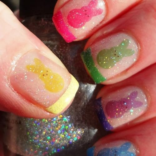 24 Pcs Colorful French Tip Easter Press on Nails Short Square Fake Nails with Easter Cute Rabbit Designs Glitter Full Cover Spring Easter Bunny False Nails Party Nail Decorations for Women Girls Kids