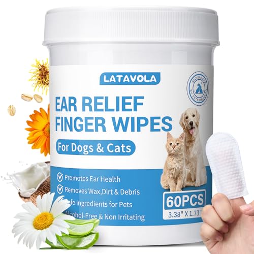 LATAVOLA Dog Ear Cleaner Wipes - Widen Ear Finger Wipes for Dogs & Cats, Remove Ear Wax, Debris, Relieve Ear Itching & Inflammation with Aloe and Calendula - 60 Count