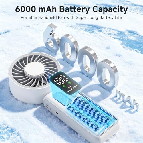 Image of ALLENERGY 3 IN 1 Handheld Mini Fan - Portable Fan,24H Max Cooling, 6000mAh Rechargeable Mini Personal Hand Fan, 100 Speeds Stepless Adjustment Mini Personal Desk Fan for Travel, Camping, Outdoor,White