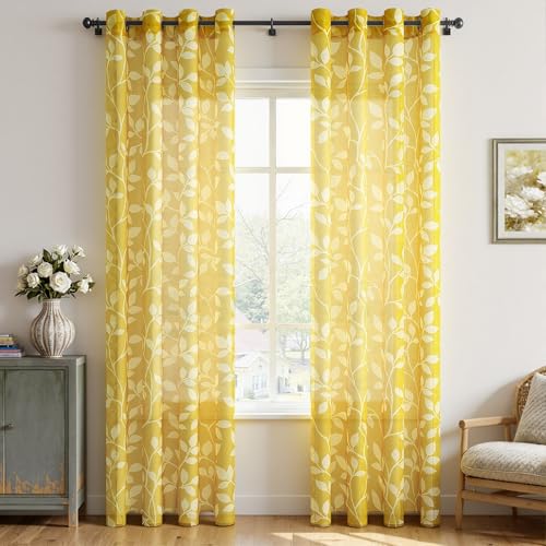 CUTEWIND Rideau Chambre Voile Jaune Rideau Salon 2 Pièces à Oeillets 140x225 cm (L x H), Rideau Voilage Transparent avec Motif Feuilles Blanches pour...