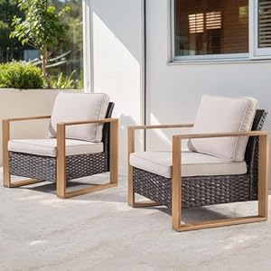 Patio Wicker Chairs Set of 2 350 LBS Weight Capacity Wicker Outdoor Club Chair Set with Metal Wide Armrests for Porch Deck Sunroom Backyard