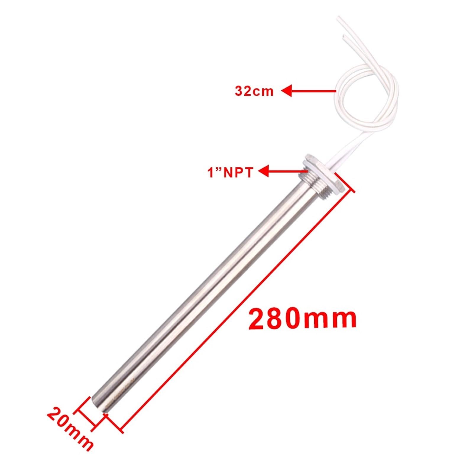 Element grzejny, Grzałka kartuszowa zanurzeniowa SUS304 Elektryczny element grzejny do wody, rura 20 mm, 1-3 kW, 220 V, długość 200-350 mm, srebrny, gwint 1" NPT(3kw 20x330mm)