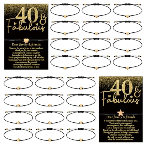 Misdary 25 Set Birthday Party Gift Favors for Guests Adjustable Wish Bracelets Thank You Cards Birthday Bracelets with Heart Star Charm Bags for Birthday Anniversary Guest Souvenirs(25,40th Birthday)