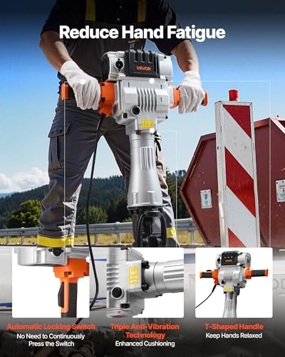 VEVOR Demolition Jack Hammer, 2100 W Powerful Electric Jackhammer, 1650 BPM Concrete Breaker with 2 Point Chisels, 2 Flat Chisels, Hand Trolley, Gloves, for Concrete, Wall, Brick, Tile and Foundation - Thumbnail 4
