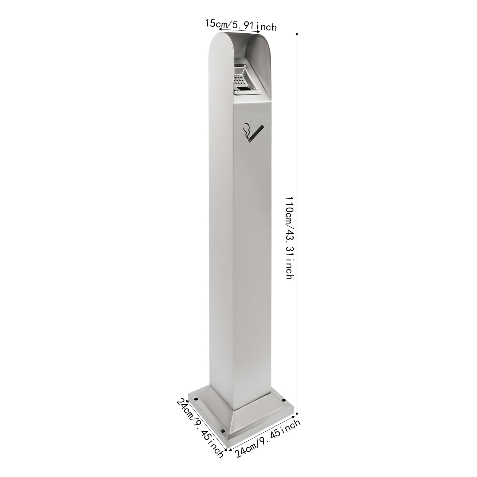 Cendrier sur pied - 24 x 24 x 110 cm - Cendrier à colonne avec seau intérieur et grille de fermeture, cendrier commercial pour intérieur et extérieur, restaurant, hôtel (argent)