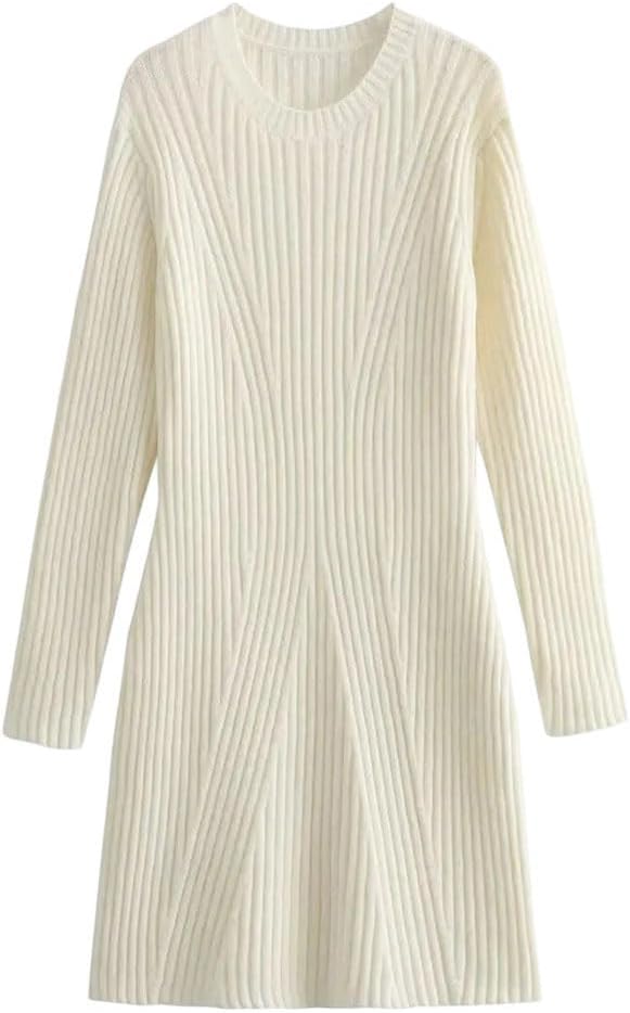 レディース リブニット セータードレス 長袖 スリムフィット