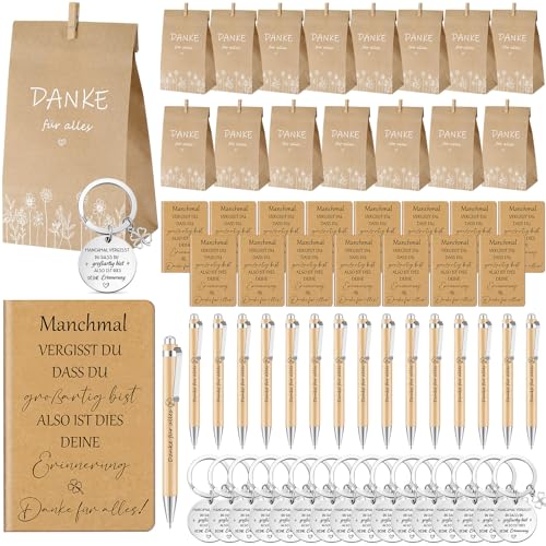 Sinmoe 16 Sets de Regalos de Agradecimiento para Colegas Incluido Cuaderno de Agradecimiento bolsa de Papel Llavero clip de Madera Bolígrafo para Empleados Regalo de Renuncia(Großartig Bist)