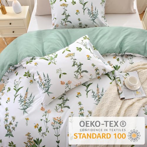 MUXHOMO Duvet Cover Full Size, Reversible Floral Green Duvet Cover Set with Zipper Closure, 3 Pieces Botanical Patterns Soft Microfiber Bedding Set with 4 Ties (80"x90", 2 Pillow Cases)