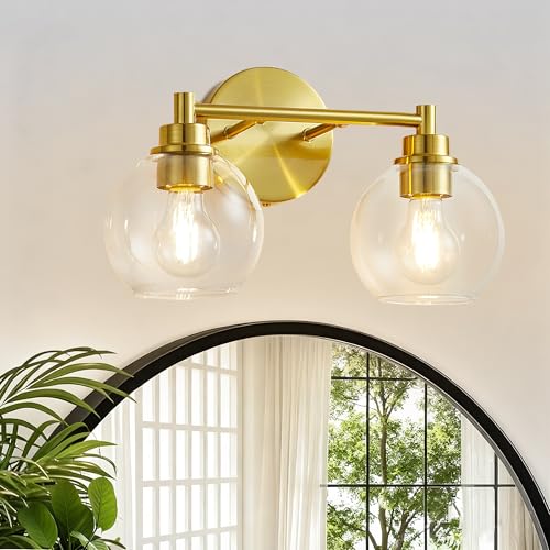 Dogvsme Gold Bathroom Vanity Lights, 2-Light Wall Sconce with Glass Globe Shade, Vanity Lighting for Bathroom/Bedroom/Dressing Room, Vertical/Horizontal Mounted, E26 Bulb Base (Bulb Not Included)