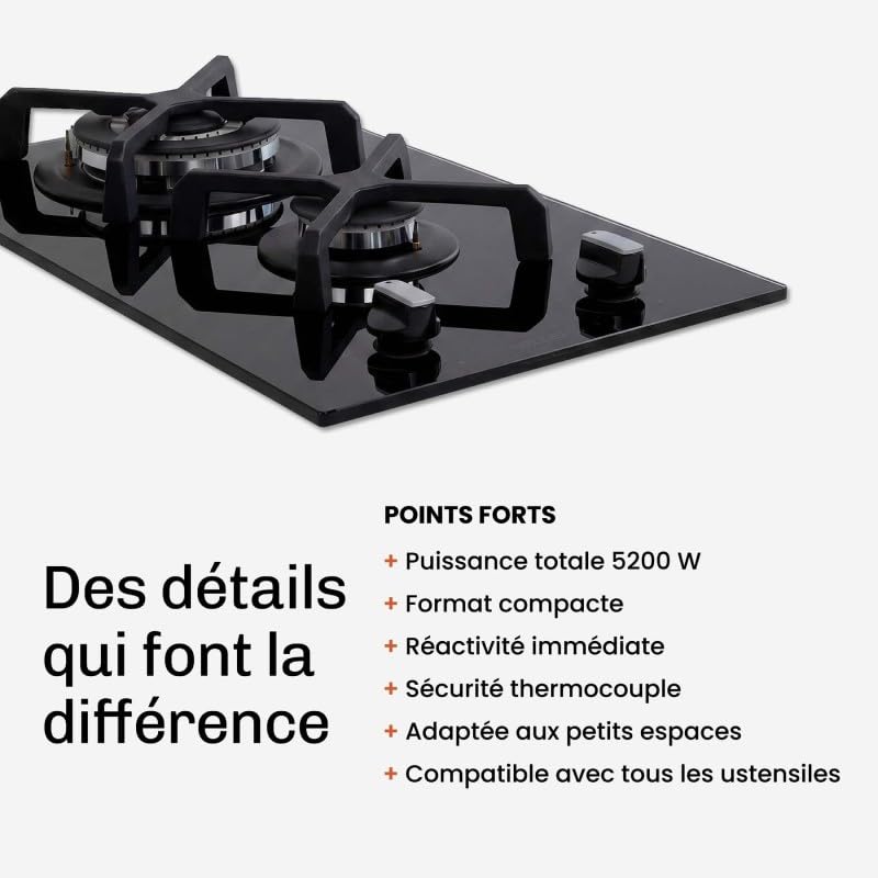 BELDEKO Plaque Gaz 2 Feux Domino 5200W Double Couronne - Marque Française