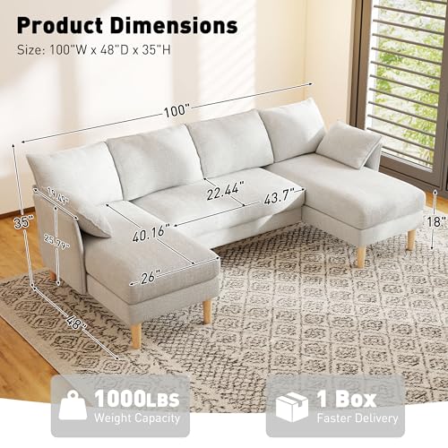 WorthFurni U Shaped Sectional Couches for Living Room, Modular Sectional Sofa with Double Chaise Lounge, 4 Seat Chenille Upholstered Sofa Set, Soft Comfy Couch for Apartment Home (Light Gray) - Image 3