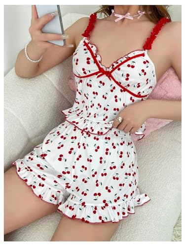 SHENHE Women's Cami Pajama Set 2 Piece Cherry Print Pjs Ruffle Babydoll Tank Soft Shorts Lounge Set4