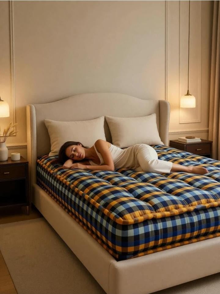 Image of Cotton Foldable Mattress, Single Size, 180x90x7.5 cm, 4x6 Foot Medium-Firm, Multi-Colour Plaid, Portable Floor Sleeping Mat