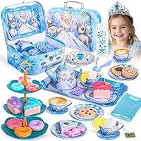 Frozen Tea Party Set for Little Girls, Elsa Princess Toy Gift, Kids Pretend Play Tin Tea Set with Teapot, Tea Cups, Food Playset & Carrying Case, Birthday for Girls Age 3+