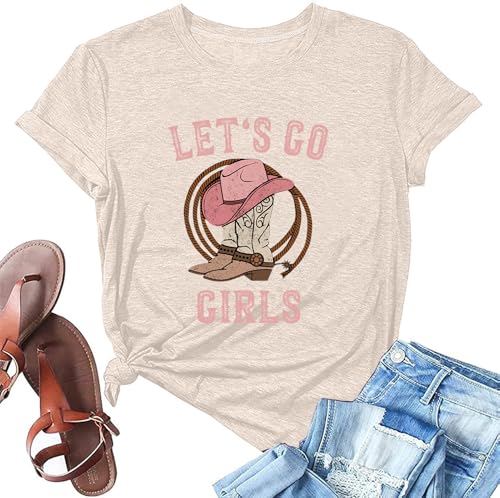 ALUS Lets Go Girls Cowboy Hat Boots Western Cowgirls T-Shirt Bachelorette Party Shirt Vacation Tee Beige L