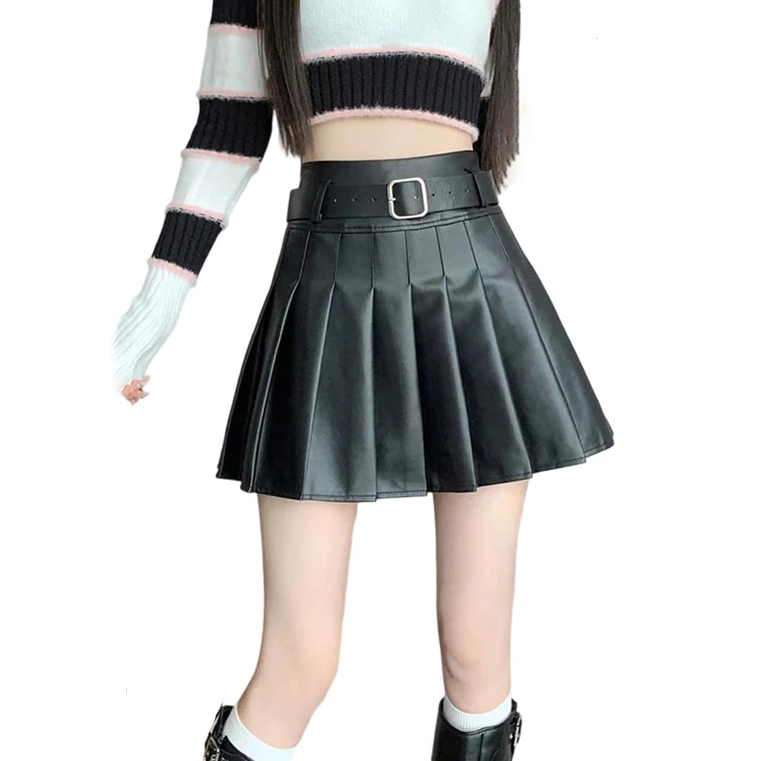 Kelsiop Minifalda plisada de piel sintética para mujer, color marrón y negro, falda de patinadora de cintura alta con pantalones cortos