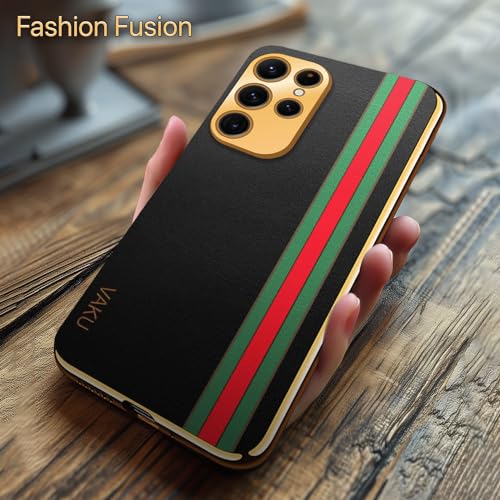 Image of Vaku Luxos Felix Line Back Cover for Samsung Galaxy S22 Ultra 5G with Leather Pattern Gold Electroplated Soft TPU Cover Shockproof Protective Case - Black